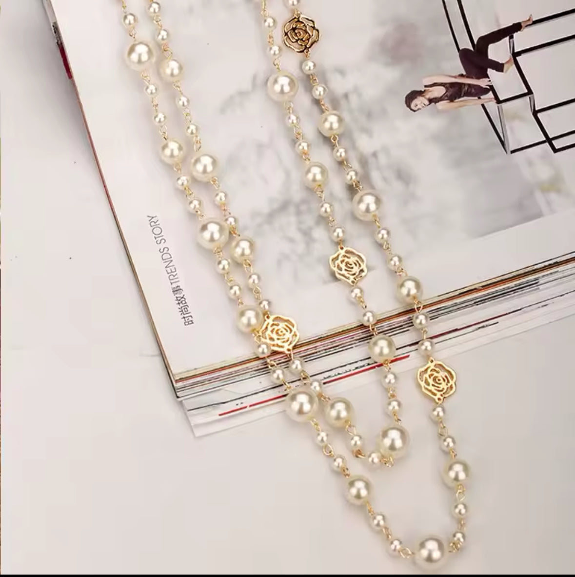 Camellia Pearl Long Necklace - Double Layer Rose Flower Sweater Chain