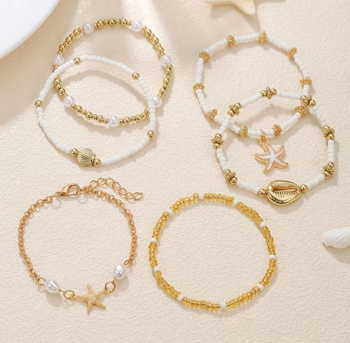 Ocean Charm Layered Bracelet Set – Gold & Pearl Beach-Inspired Stack 6 pcs