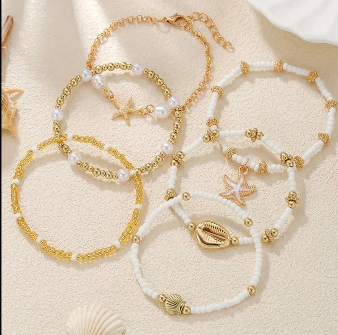 Ocean Charm Layered Bracelet Set – Gold & Pearl Beach-Inspired Stack 6 pcs