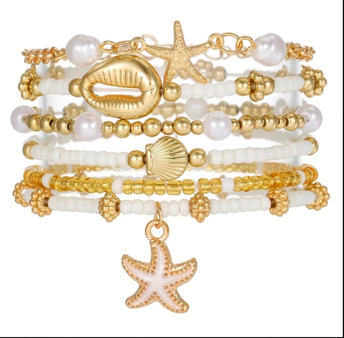 Ocean Charm Layered Bracelet Set – Gold & Pearl Beach-Inspired Stack 6 pcs