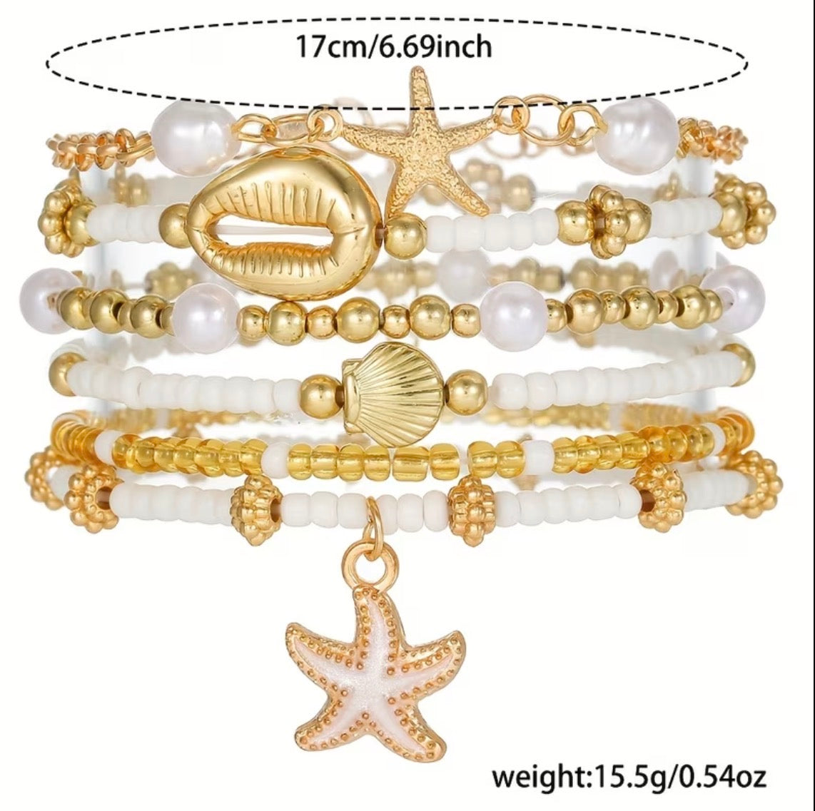 Ocean Charm Layered Bracelet Set – Gold & Pearl Beach-Inspired Stack 6 pcs
