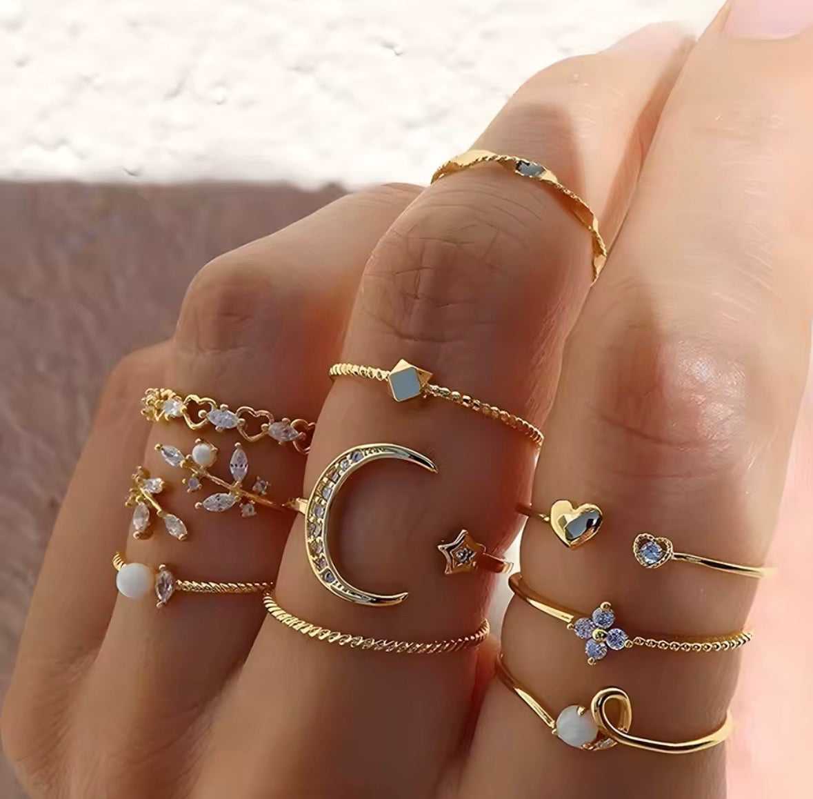 Boho Luxe Gold Ring Set – 9-Piece Stackable Crystal & Pearl Ring Collection