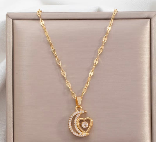 Elegant Gold Heart Pendant Necklace – Dainty Crystal Charm Necklace for Women