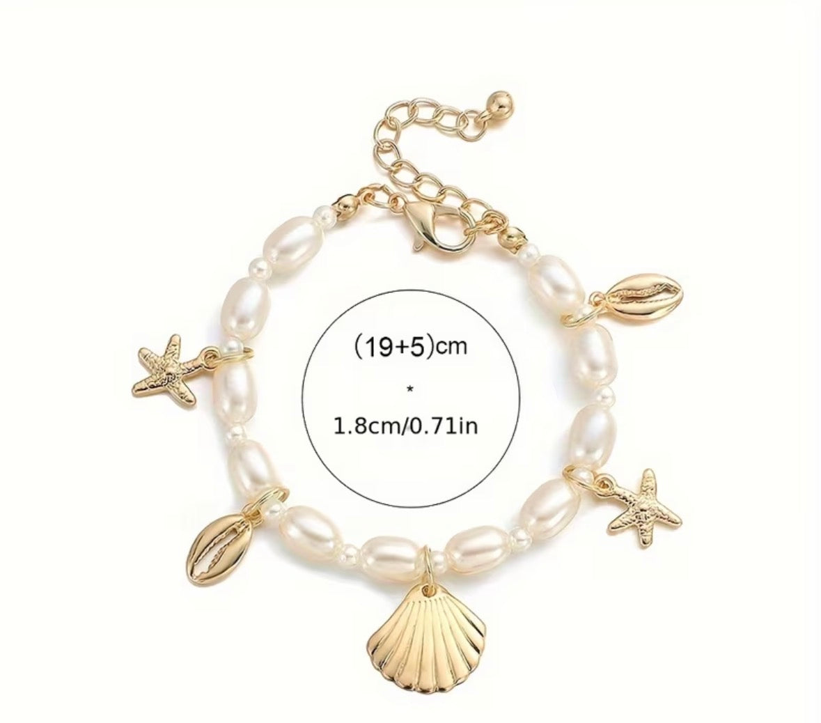 Ocean Charm Pearl Bracelet – Gold Shell & Starfish Design