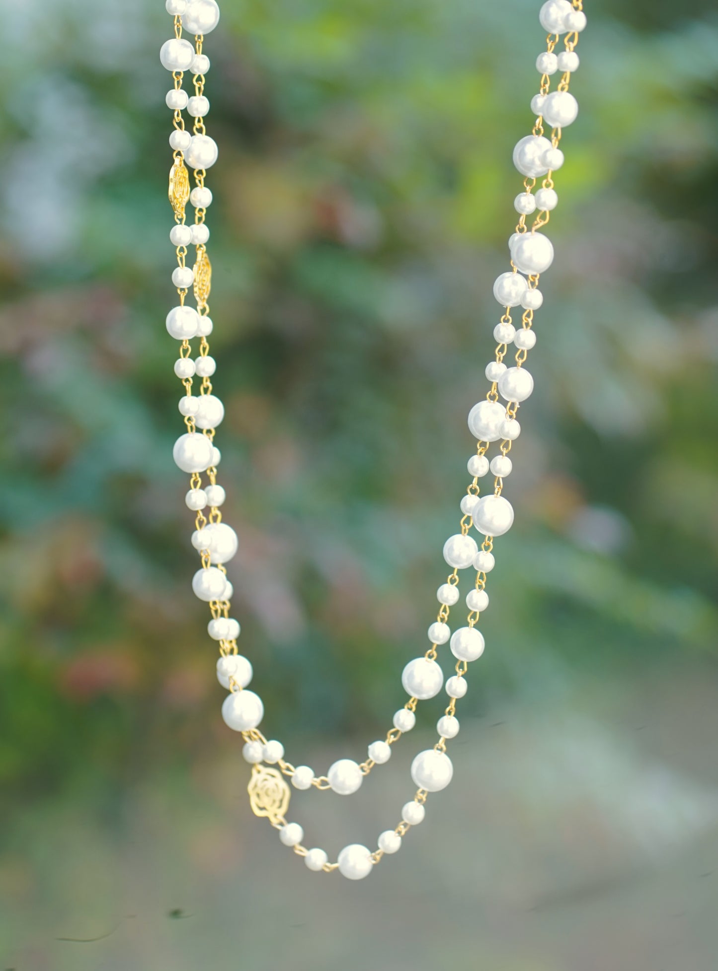 Camellia Pearl Long Necklace - Double Layer Rose Flower Sweater Chain