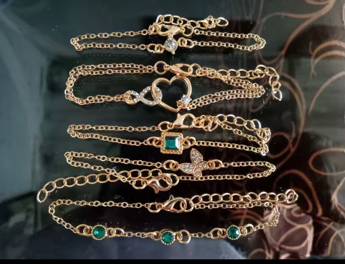Elegant Gold Charm Bracelet Set – Adjustable Crystal & Gemstone Designs (5 Styles)