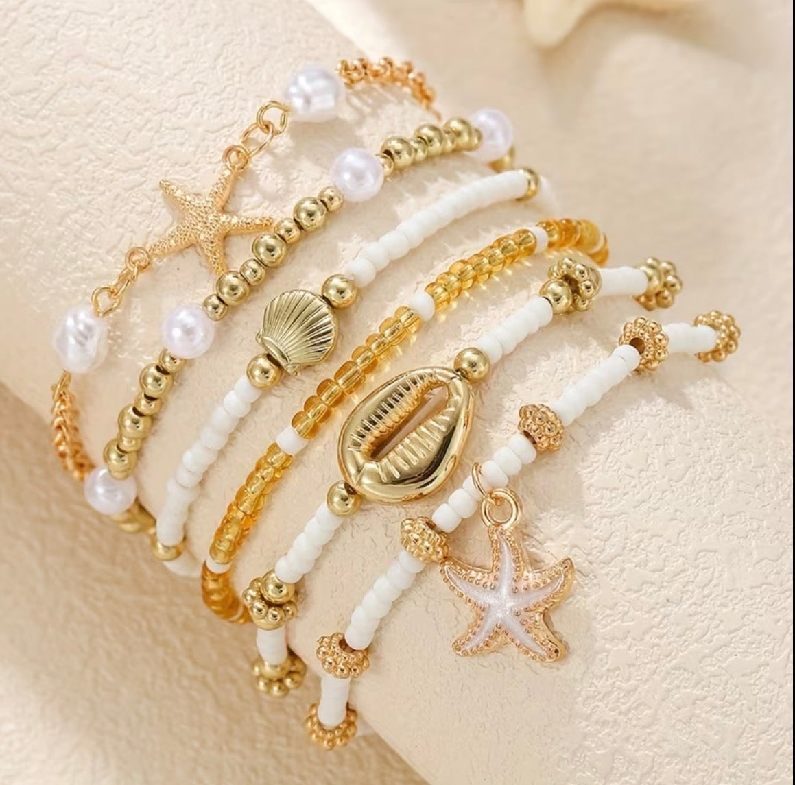 Ocean Charm Layered Bracelet Set – Gold & Pearl Beach-Inspired Stack 6 pcs