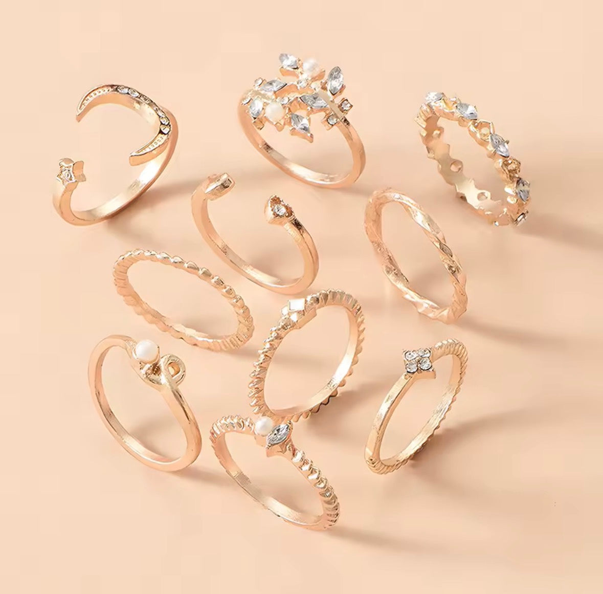 Boho Luxe Gold Ring Set – 9-Piece Stackable Crystal & Pearl Ring Collection