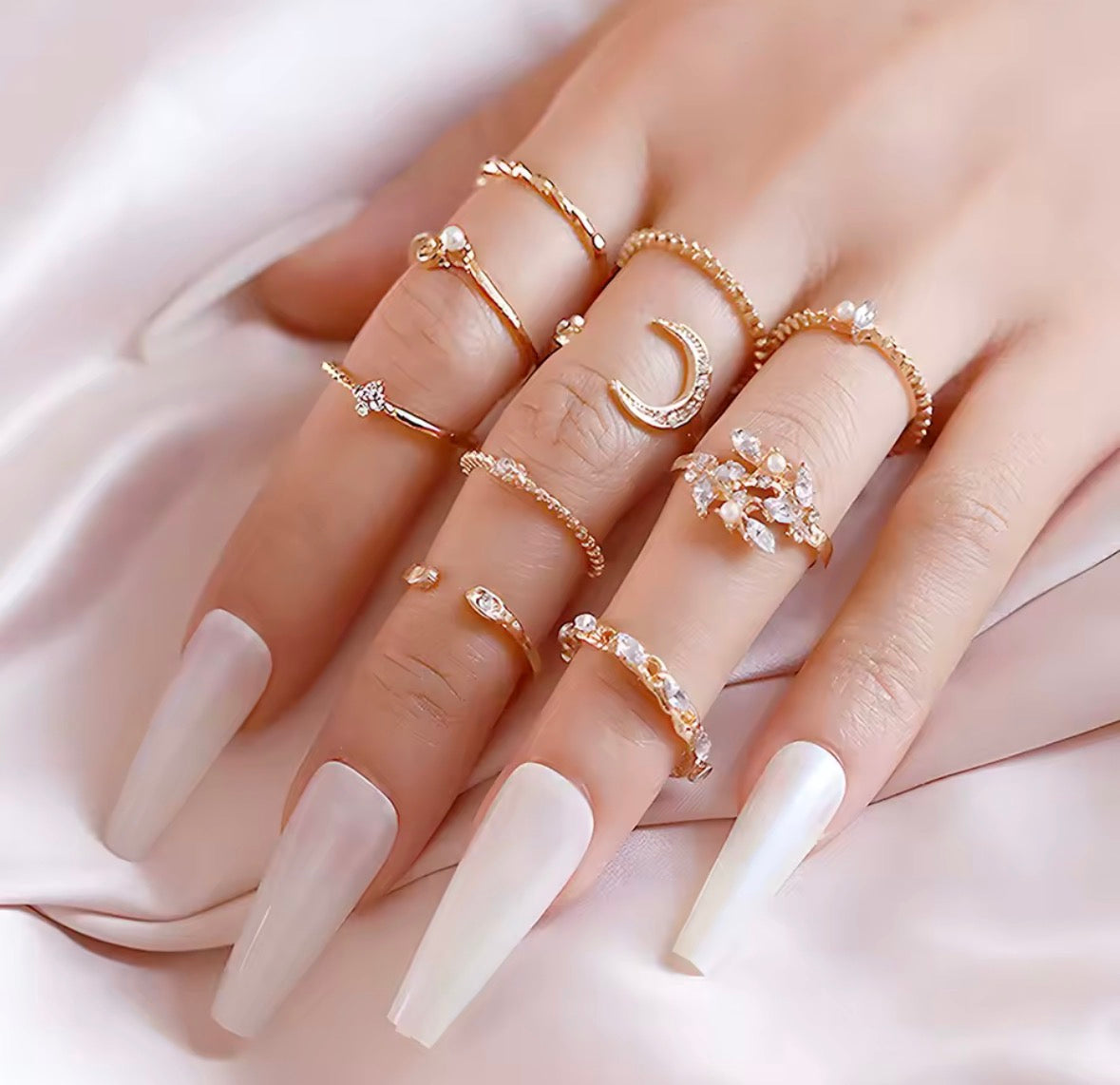 Boho Luxe Gold Ring Set – 9-Piece Stackable Crystal & Pearl Ring Collection