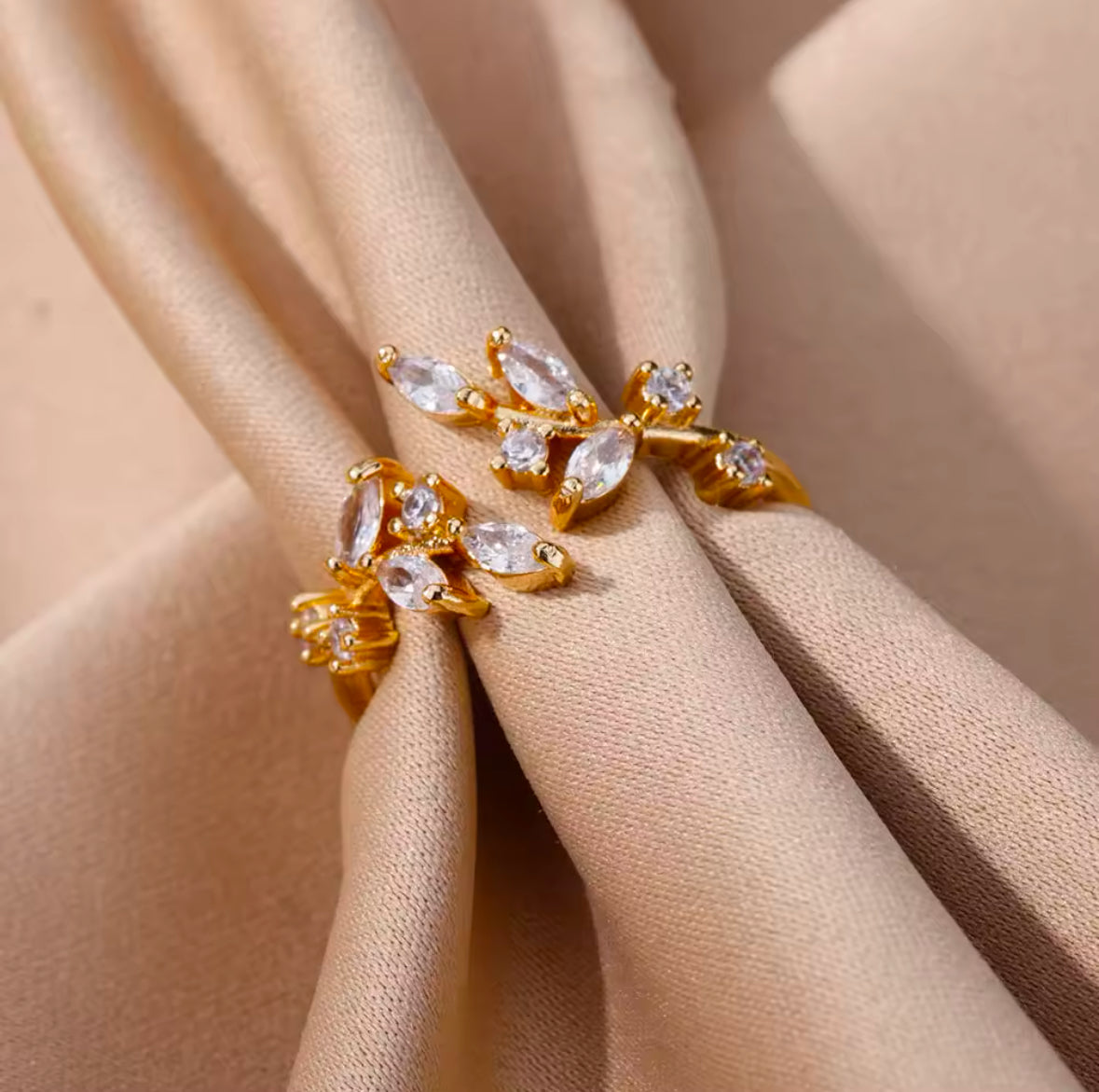 Elegant Zircon Leaves Open Rings - Aesthetic Gold Stainless Steel Jewelry