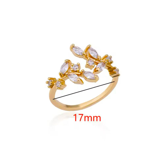 Elegant Zircon Leaves Open Rings - Aesthetic Gold Stainless Steel Jewelry