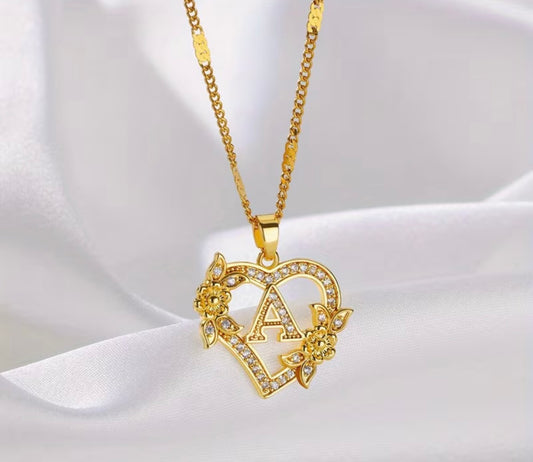 Custom Initial Heart Necklace – Personalized Gold Name Pendant with Crystal Detail